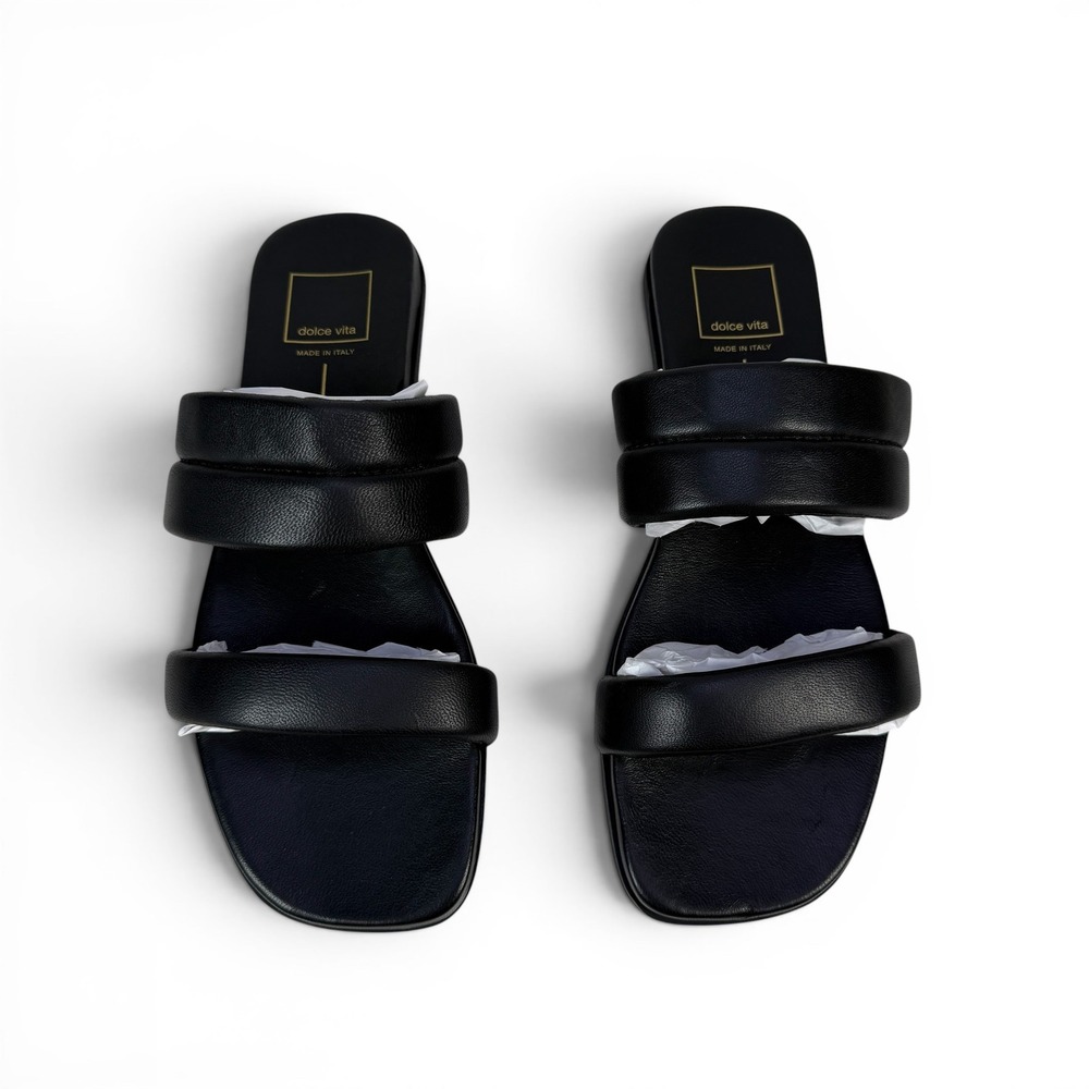 Dolce Vita Adore Slide Sandals Womens 8 Black Italian Leather Two Strap Square